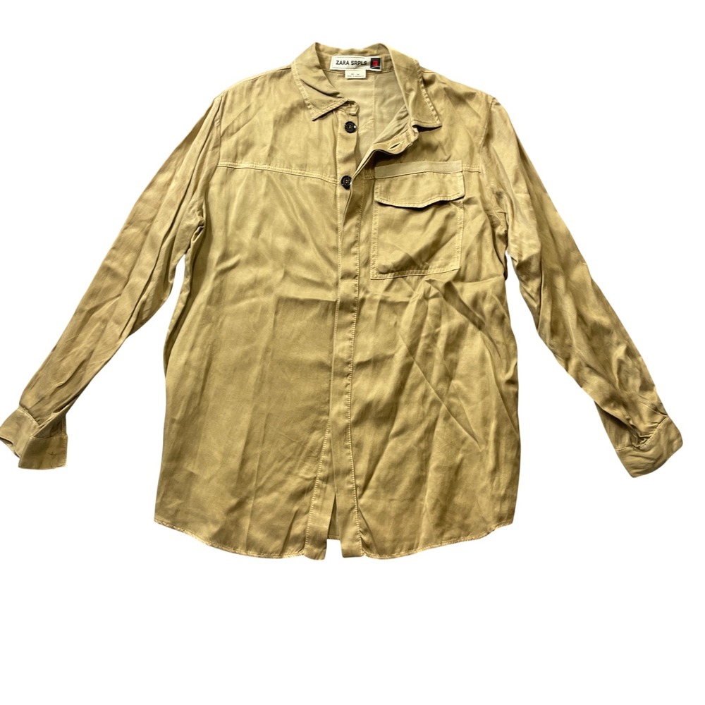 Zara SRPLS Large Long Sleeve Blouse Gold Missing Button Cotton Blend